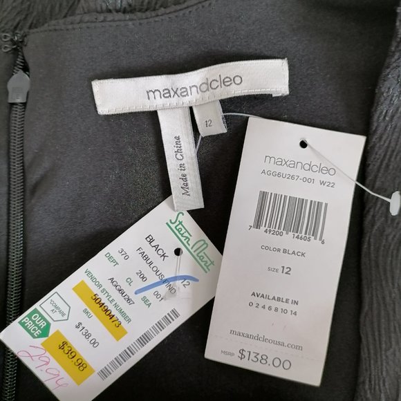 Max & Cleo Womens Black Cap Sleeve Square Neck Textured Sheath Dress Size 12 - Picture 6 of 7